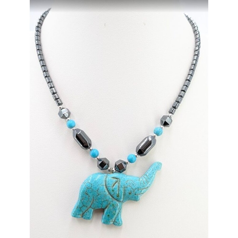 Hematite Bead Necklace Turquoise Color Quartz Range Elephant Pendant 18in 48 g